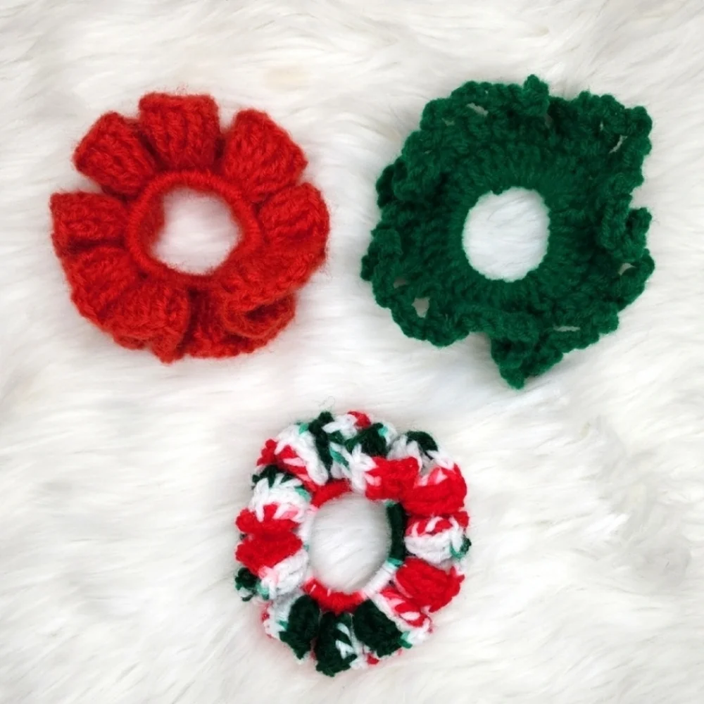 Handmade Textured Crocheted Scrunchies Ponytail Holder Hair Tie Set Of 3 - New